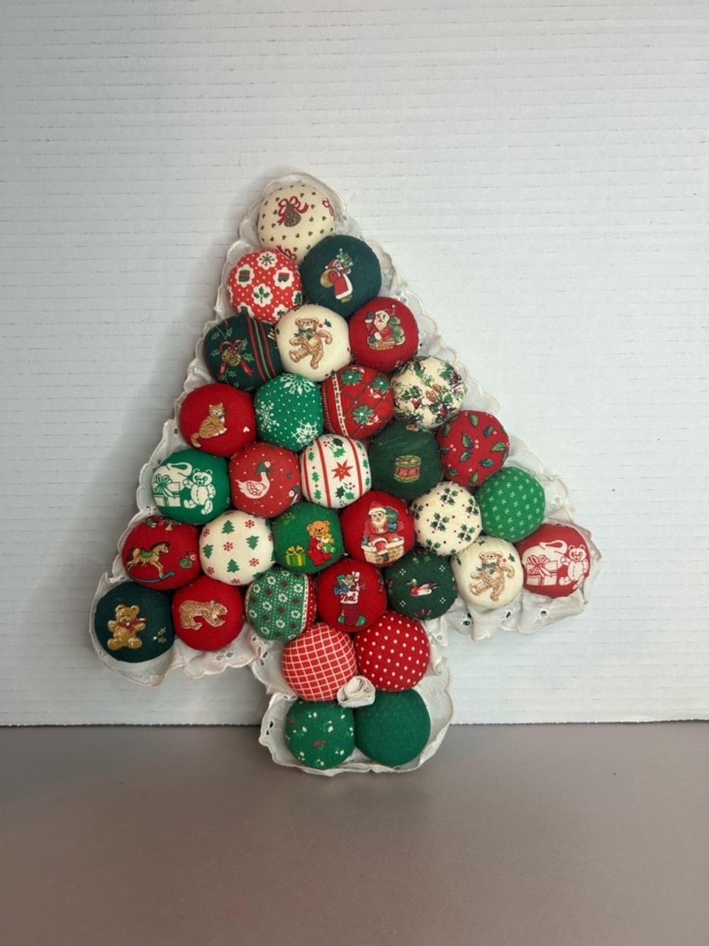 Vintage Fabric Button Christmas Tree Wall Art - Red & Green
